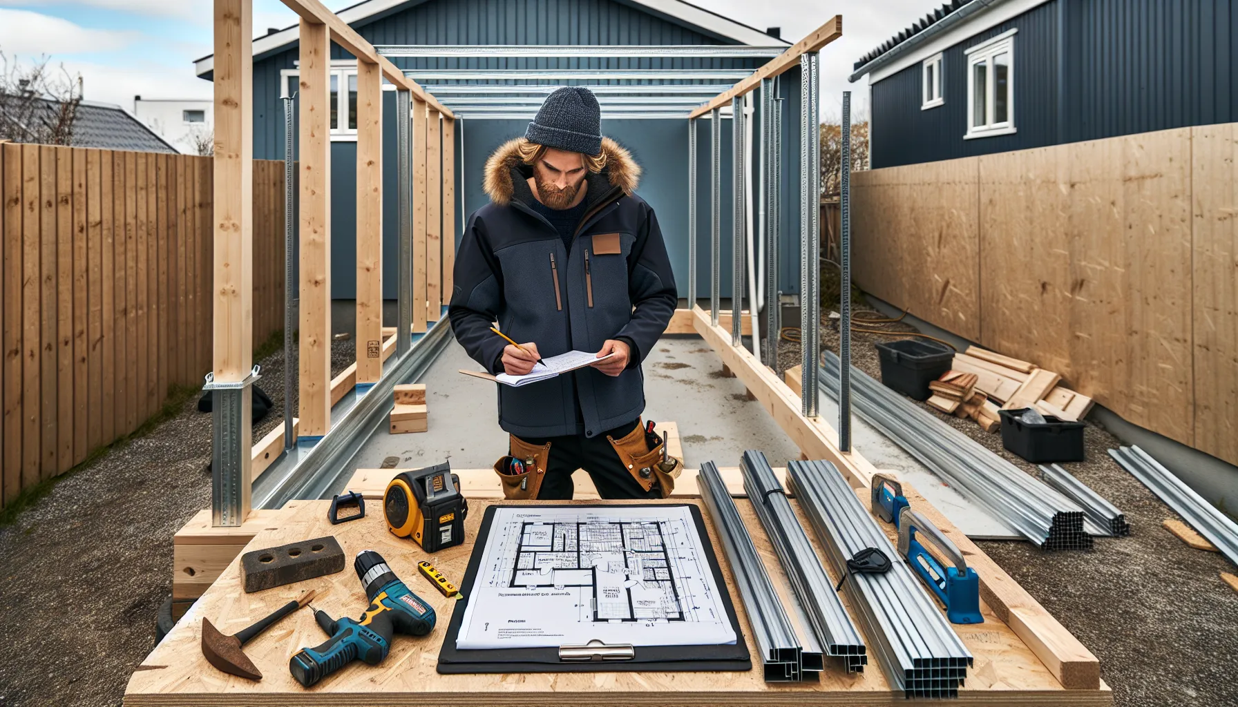 Norwegian diyer choosing tools and materials beside a partially built carport.