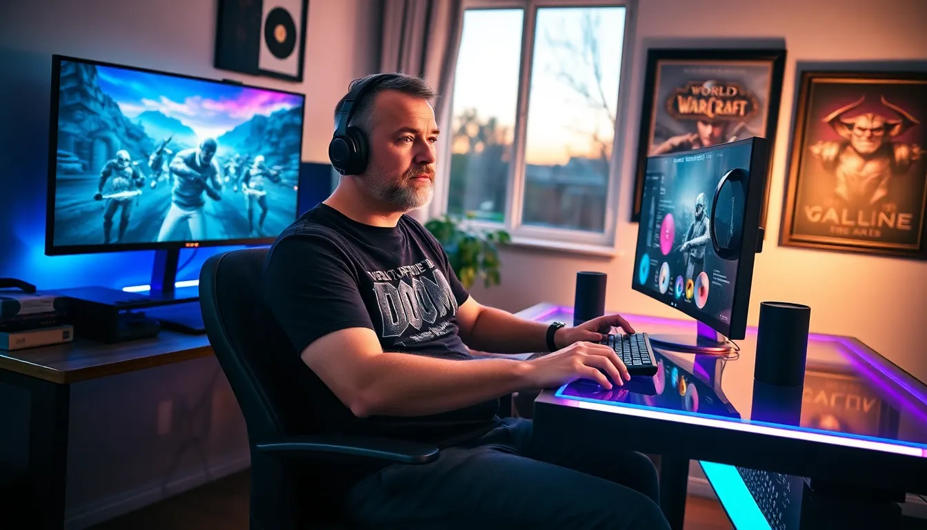a gamer immersed in a video game at a modern gaming desk.