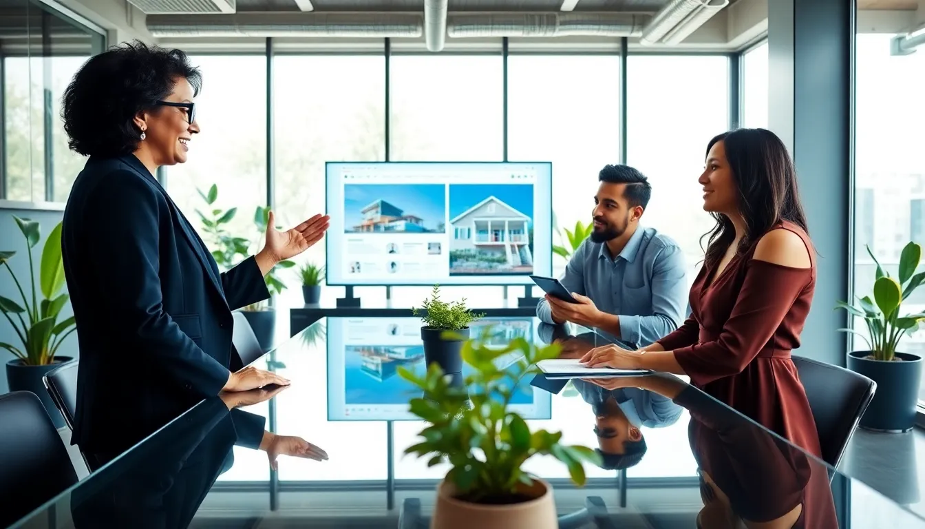 three real estate professionals discussing in a modern office.