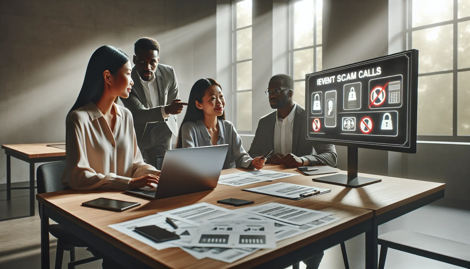 diverse team discussing phone scam awareness in a modern office.