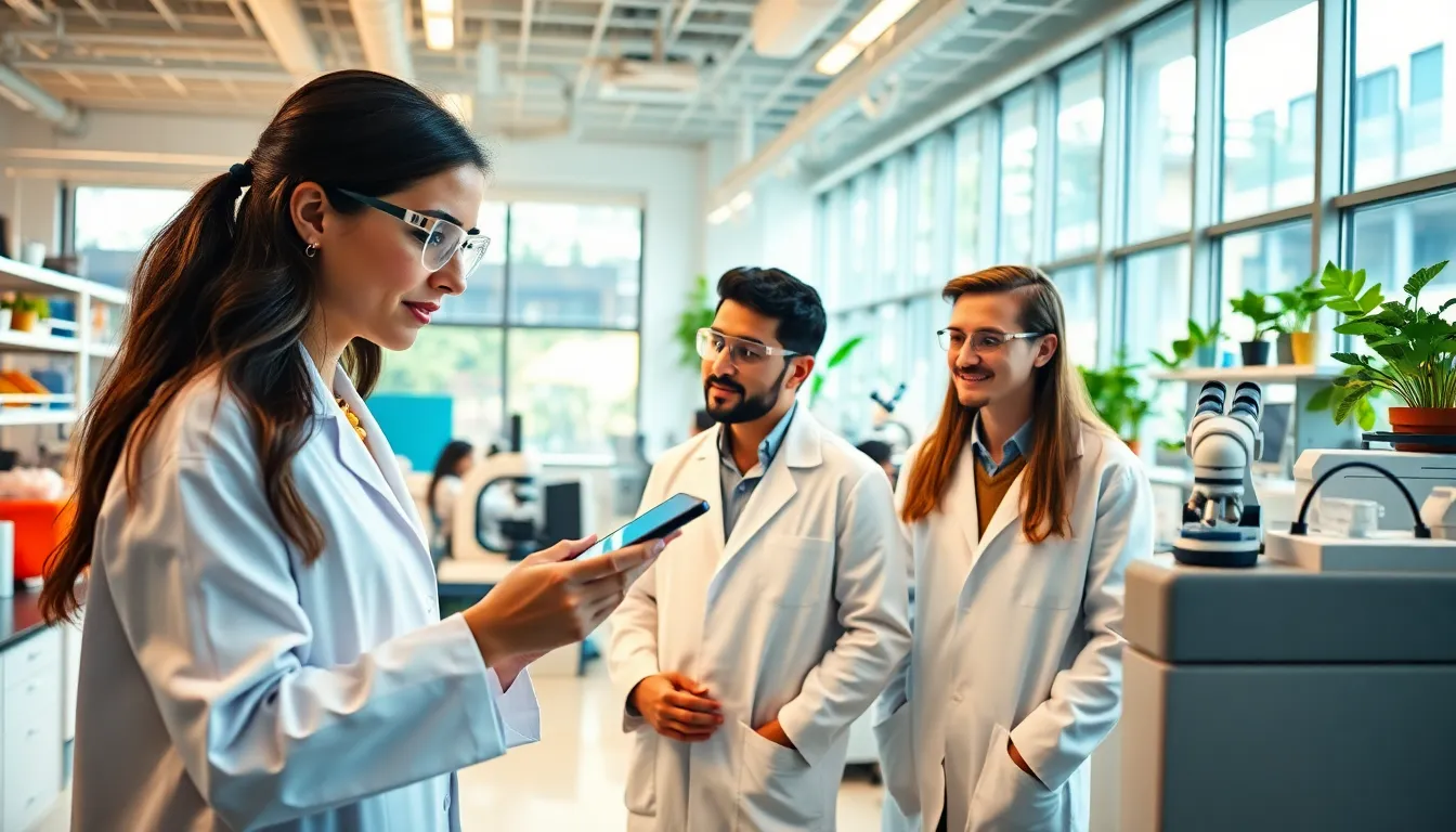 diverse scientists collaborating in a modern biotech lab.
