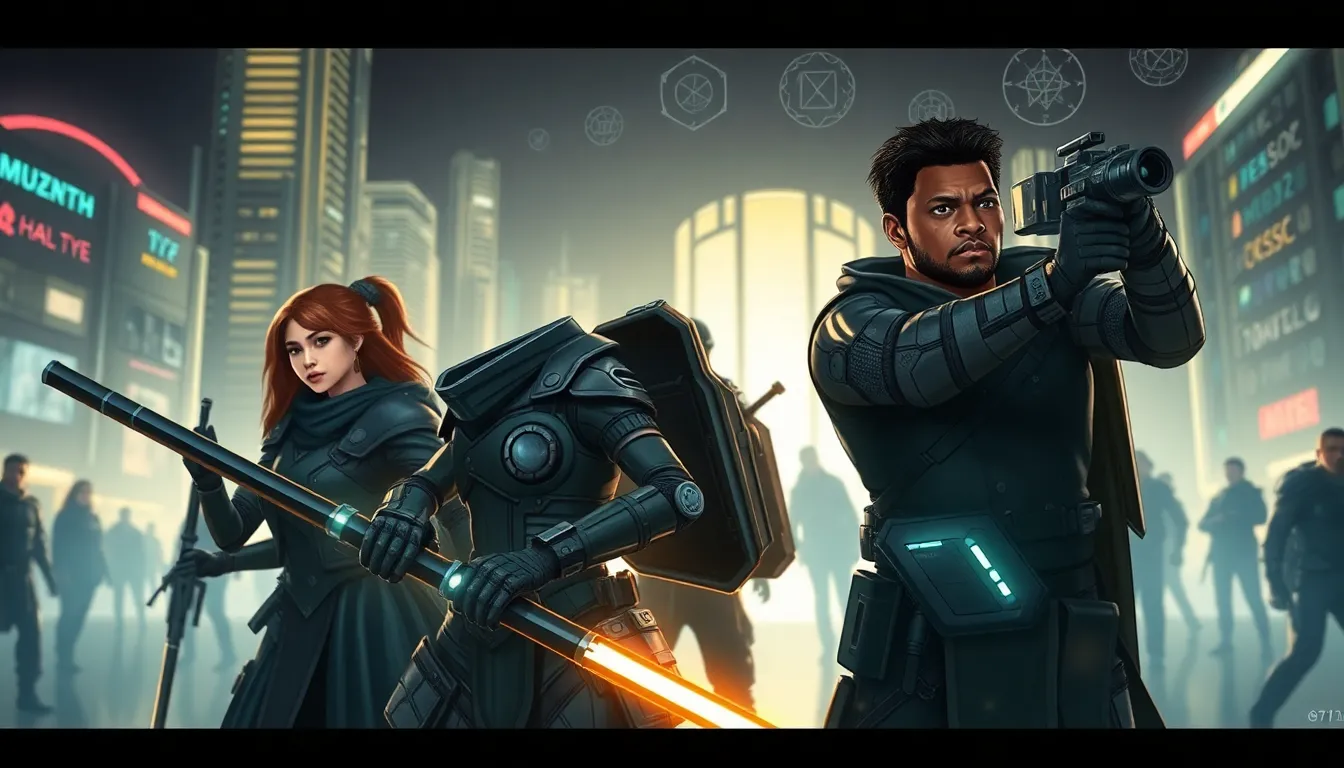 diverse daemonhunters in futuristic armor in a modern urban setting.