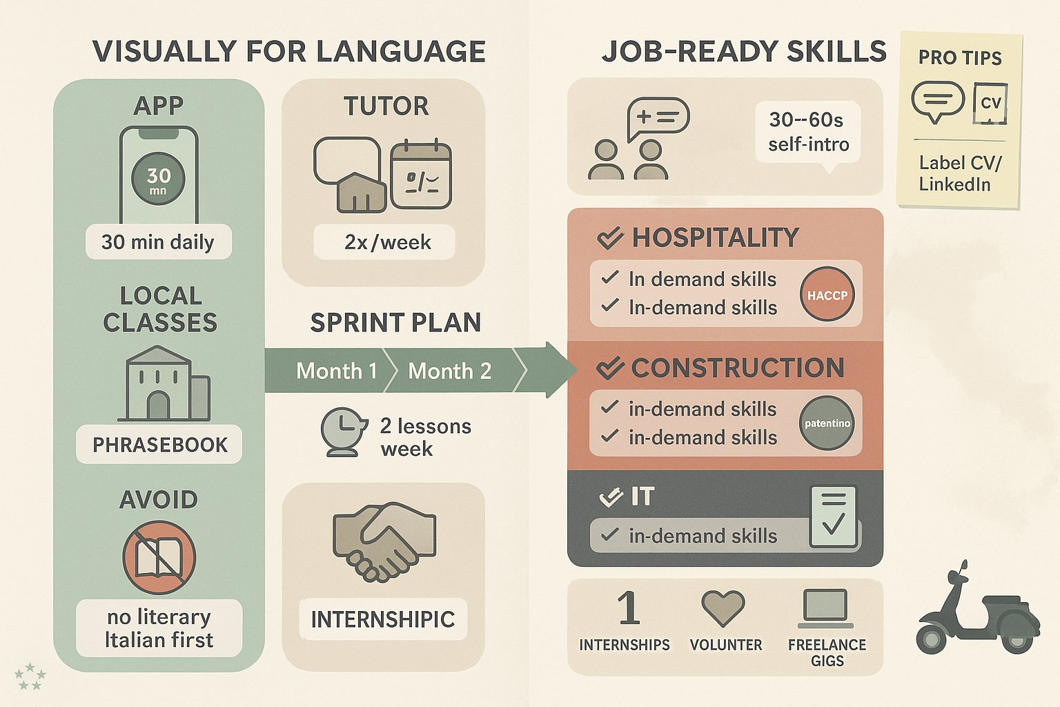 Infografica che mostra i passaggi linguistici e delle competenze lavorative per gli stranieri che cercano lavoro in Italia.