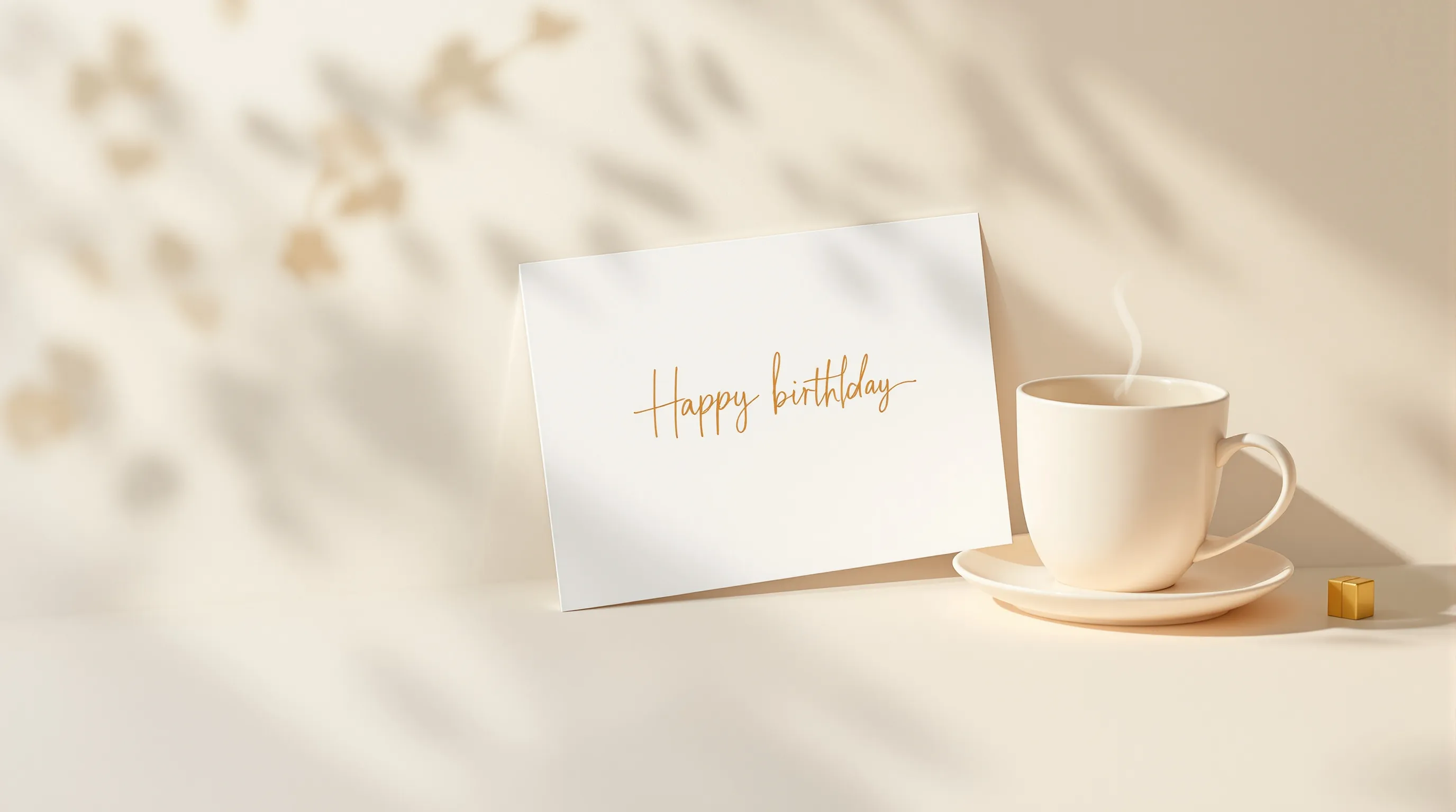Greeting card and coffee cup on white background, minimalist birthday message scene.