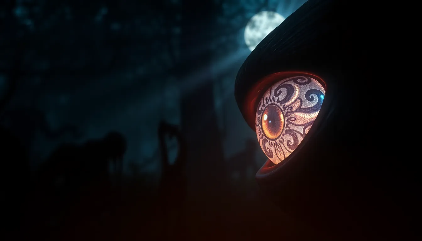 a mystical beast eye glowing in an enchanted forest.