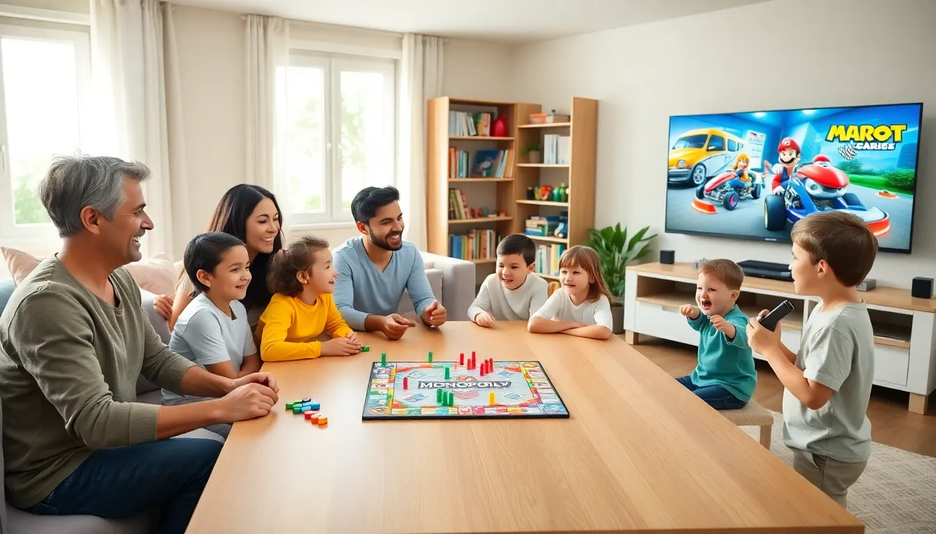 family enjoying board and video games in a cozy living room.