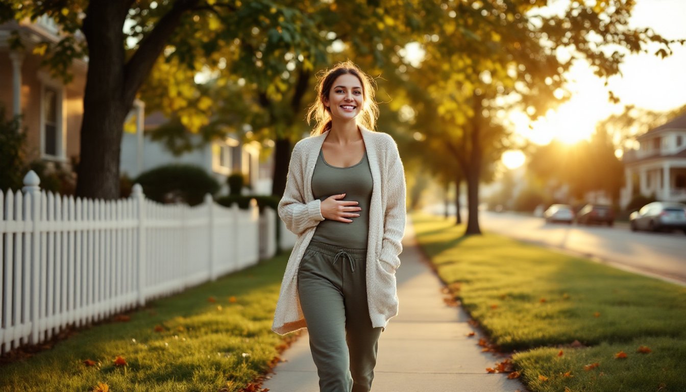 A woman taking a slow, relaxed walk on a tree-lined suburban street after eating.