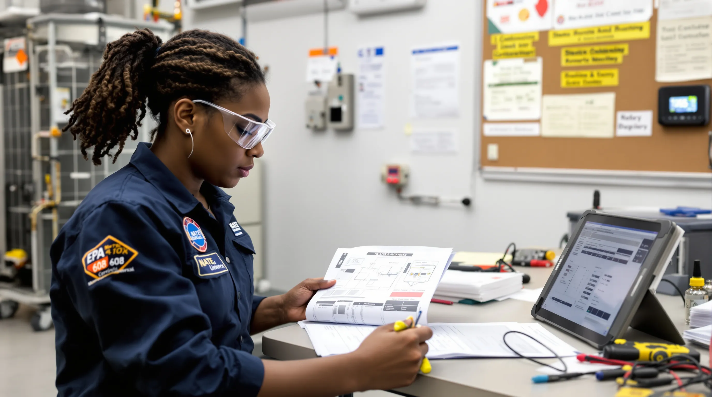 HVAC trainee studying EPA 608 in a U.S. lab with tools and heat pump.