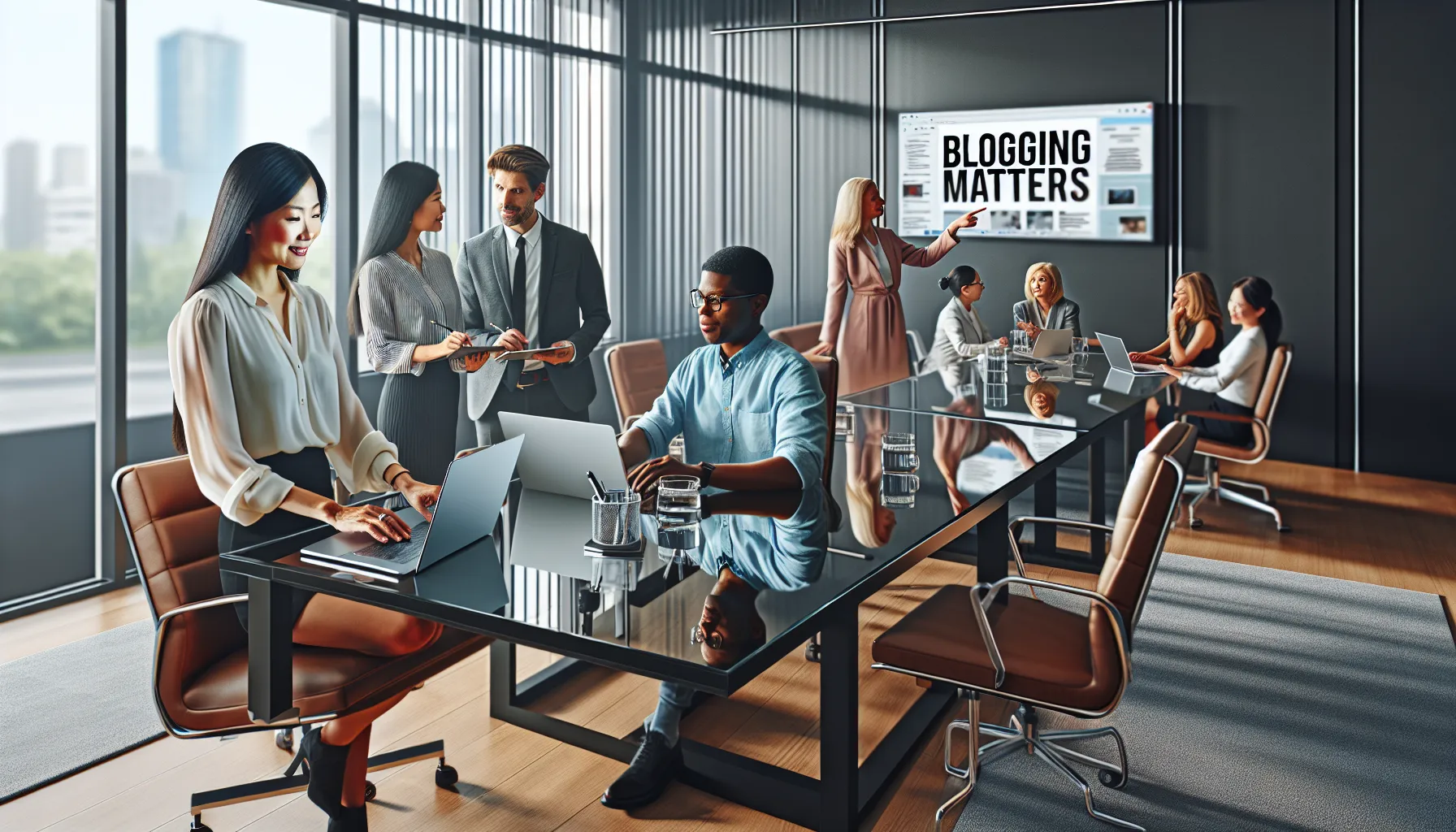 diverse professionals collaborating on blogging in a modern office.