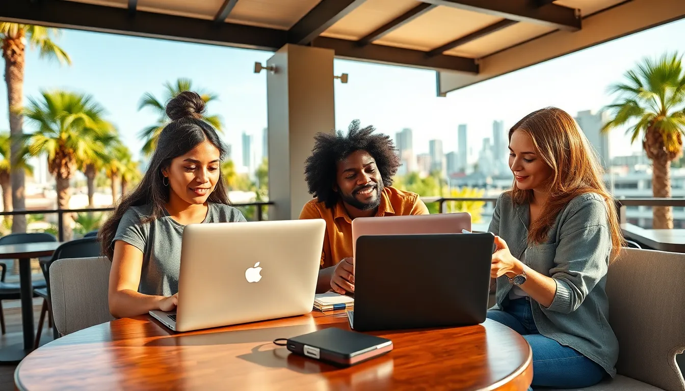 diverse digital nomads working in an outdoor café setting.