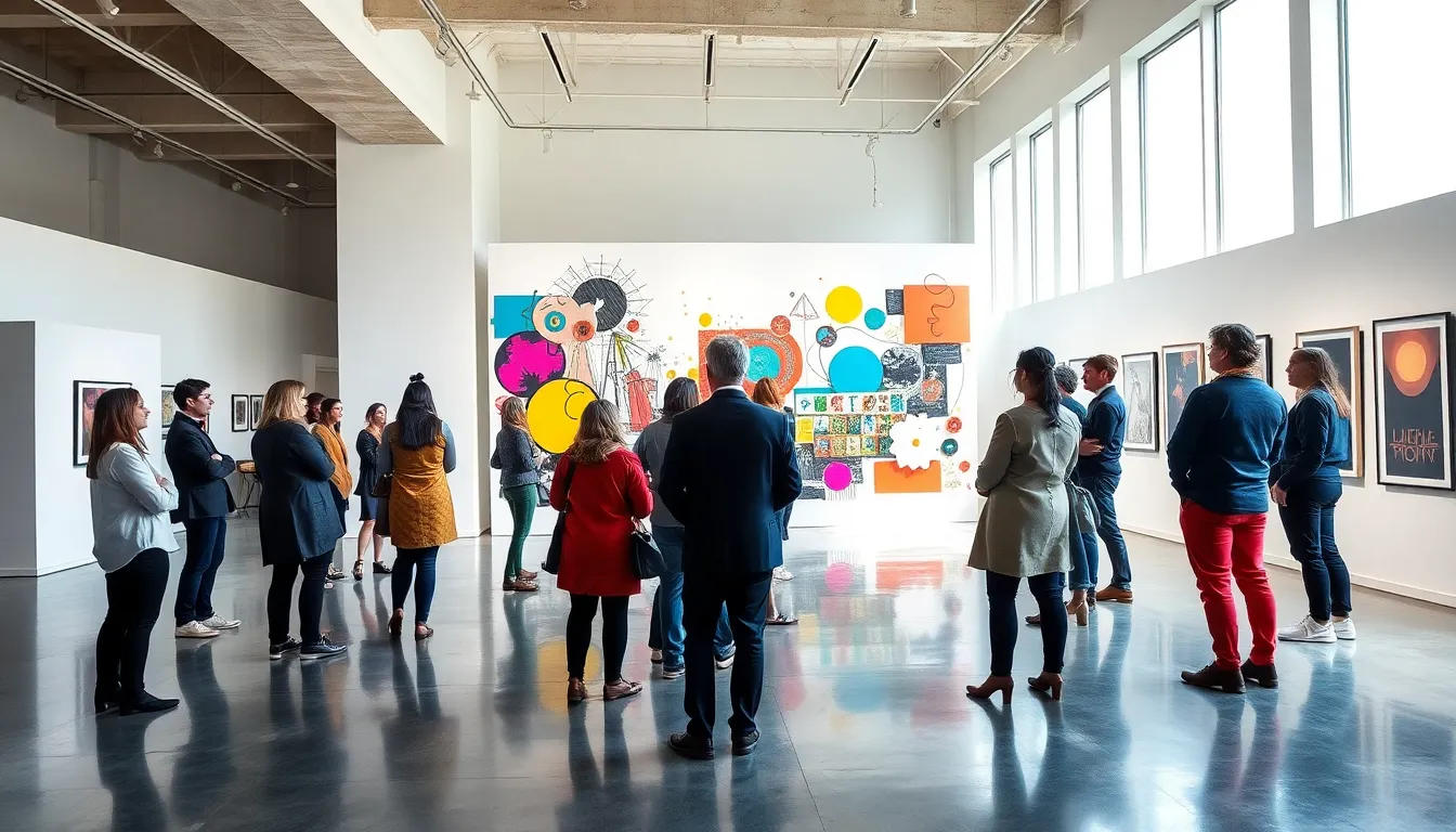 diverse group discussing an avant-garde art installation.