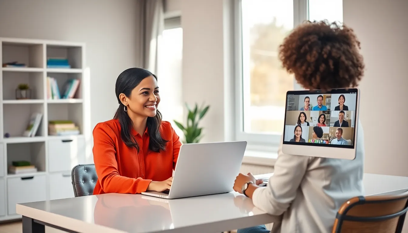 educator leading an online child development class in a modern home office.