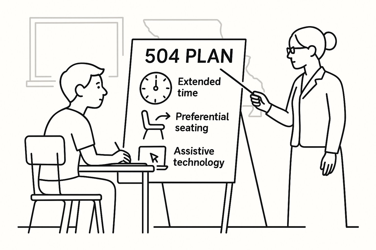 Student at a desk viewing a 504 Plan checklist with accommodation icons. - 504 Plans In Missouri A Practical Guide For Parents And Educators 2026