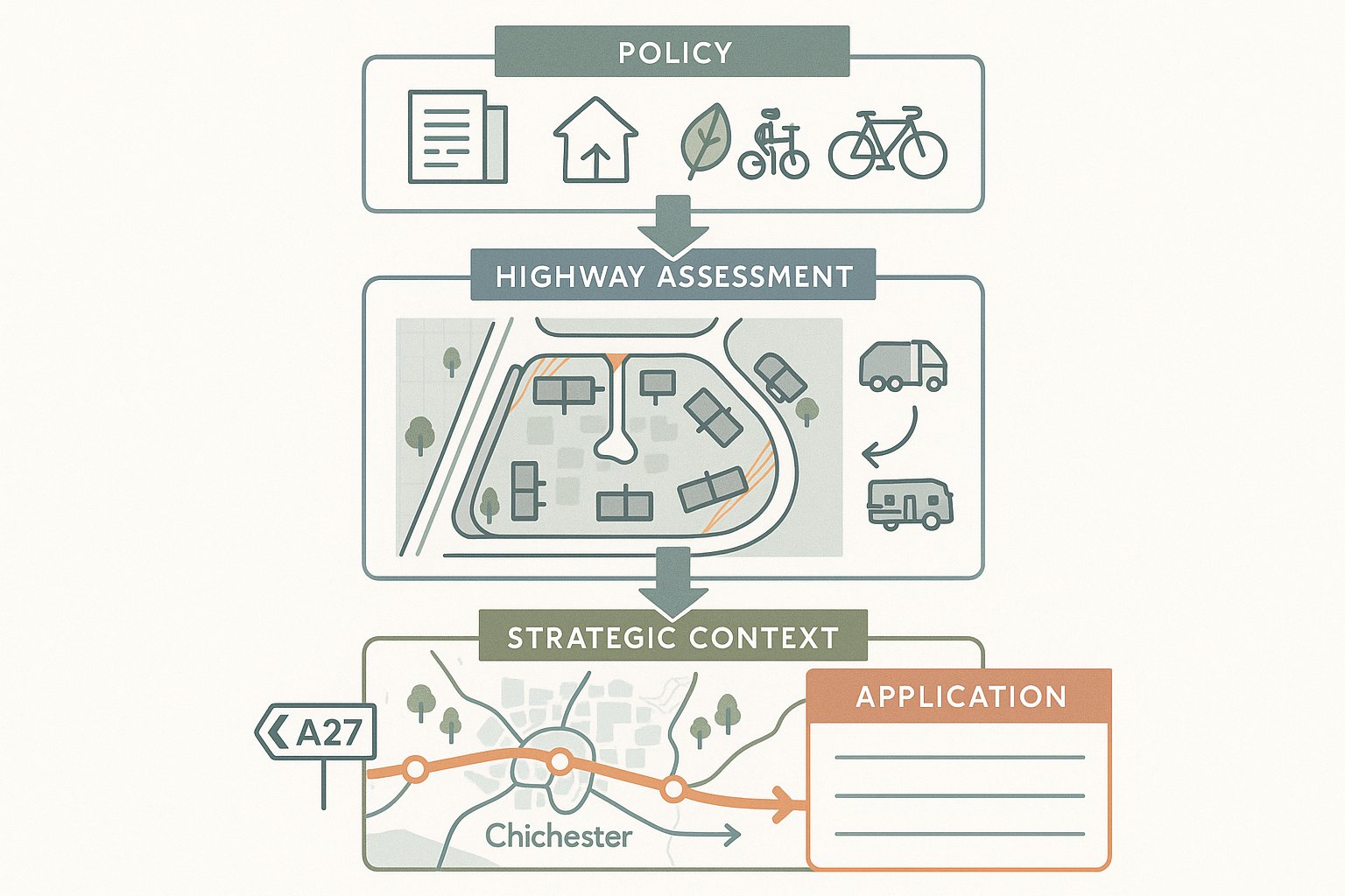 Infographic showing policy, highway checks, and strategic transport context in Chichester.