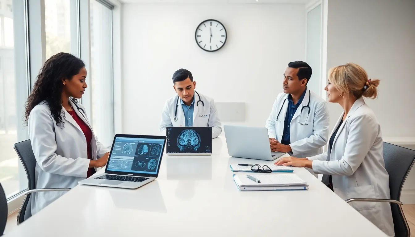 neurologists discussing work-life balance in a modern medical setting.
