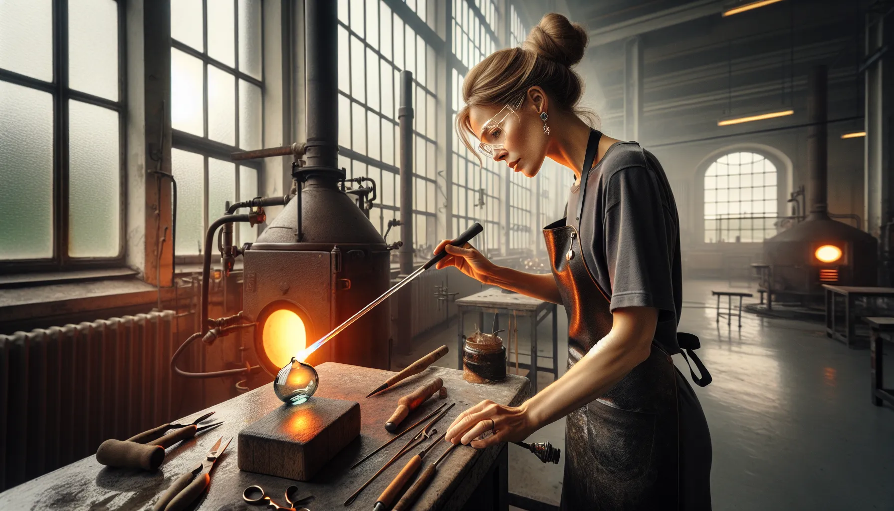 Norwegian glassblower shapes molten glass with ancient tools and materials nearby.