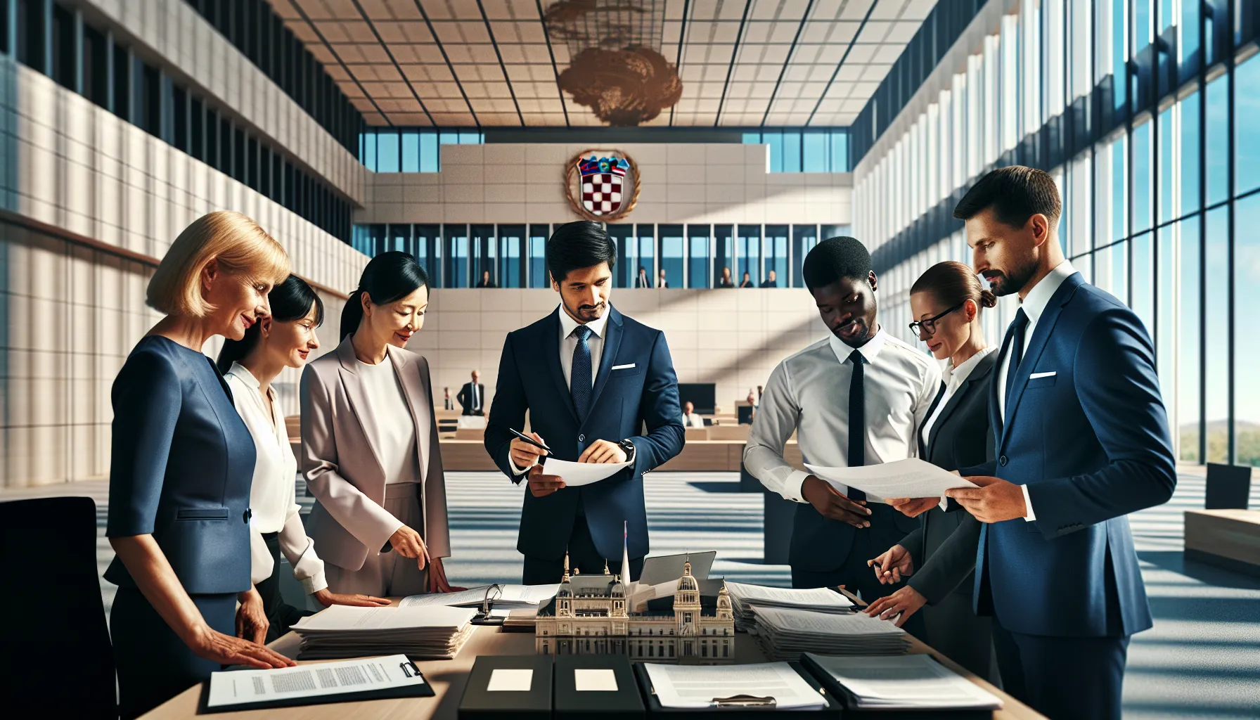 Croatian civil servants discussing transfer requests in modern government office