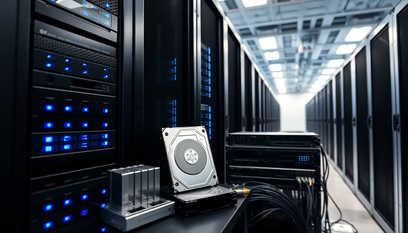 a modern data center filled with servers and networking equipment.