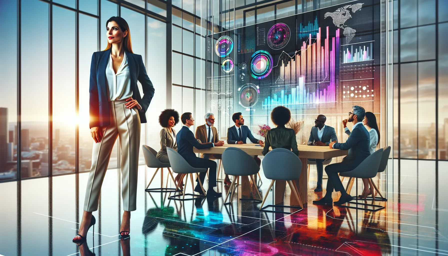 Alina Haider 33 collaborates with a diverse team in a modern workspace.