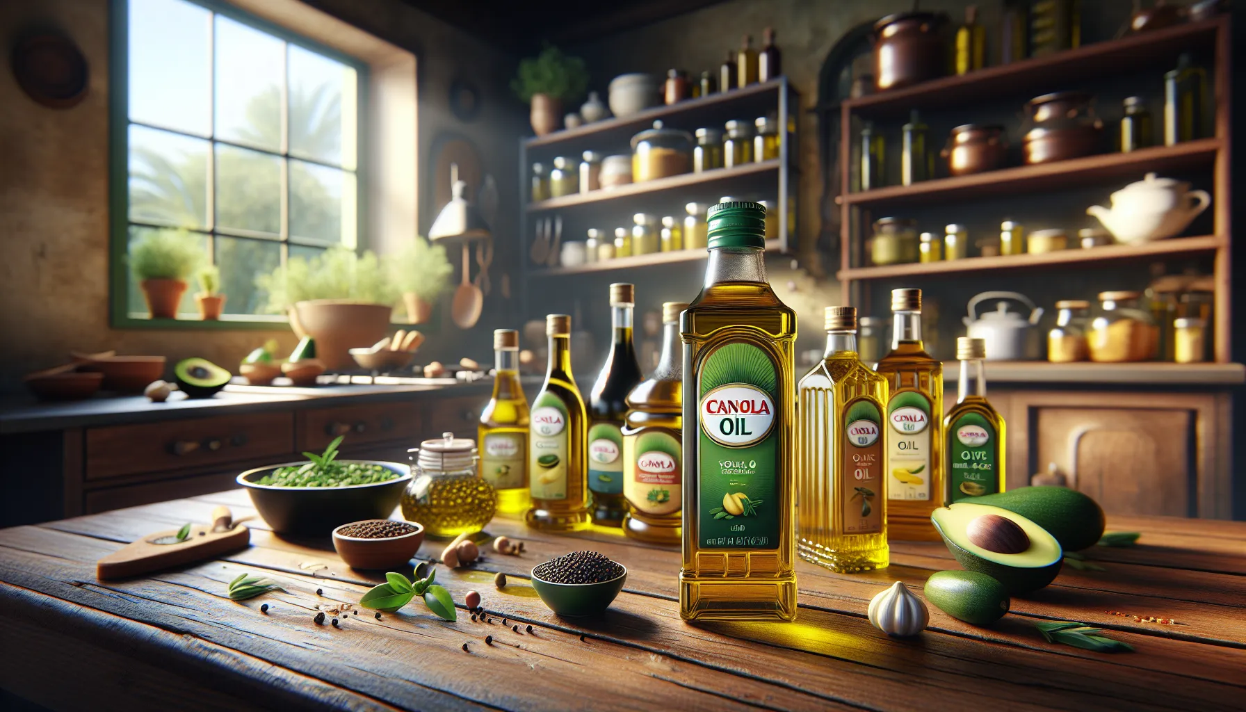 various cooking oils on a wooden kitchen table, highlighting canola oil.