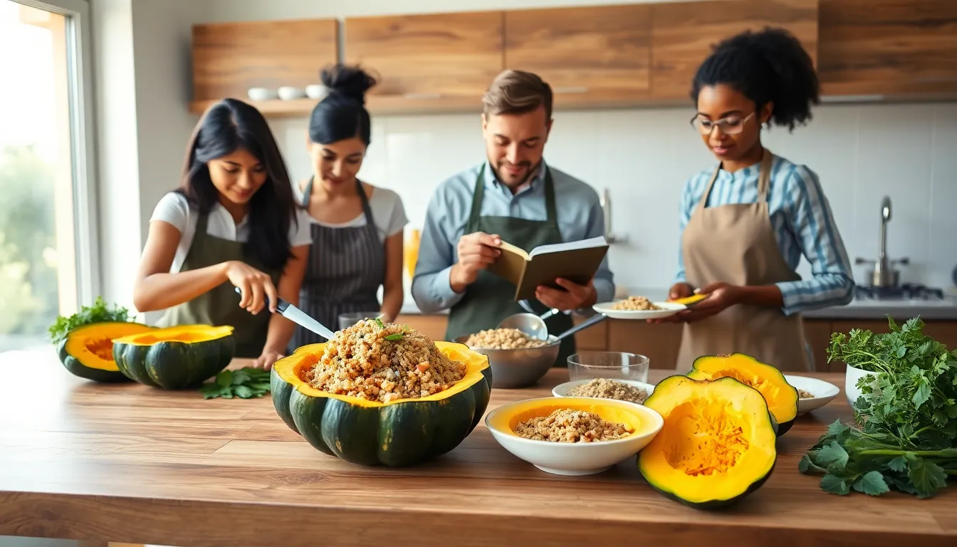 Diverse team preparing healthy meals with acorn squash in a modern kitchen.