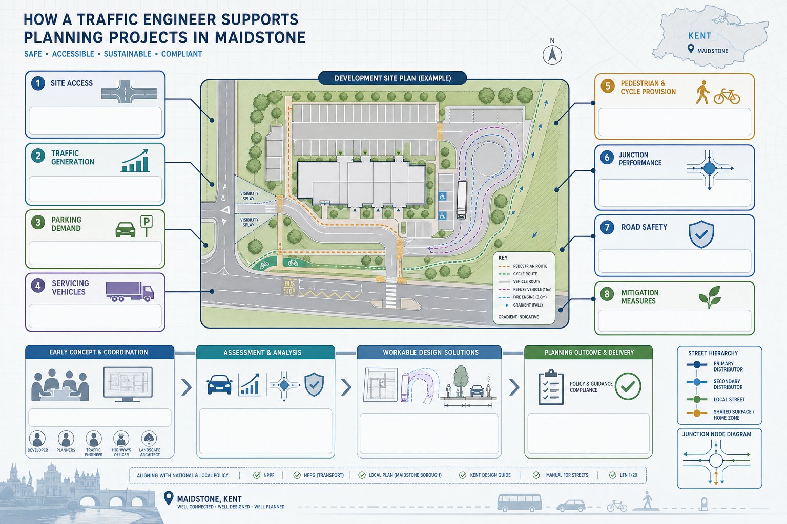 Infographic of traffic engineering assessments for a Maidstone development planning project.