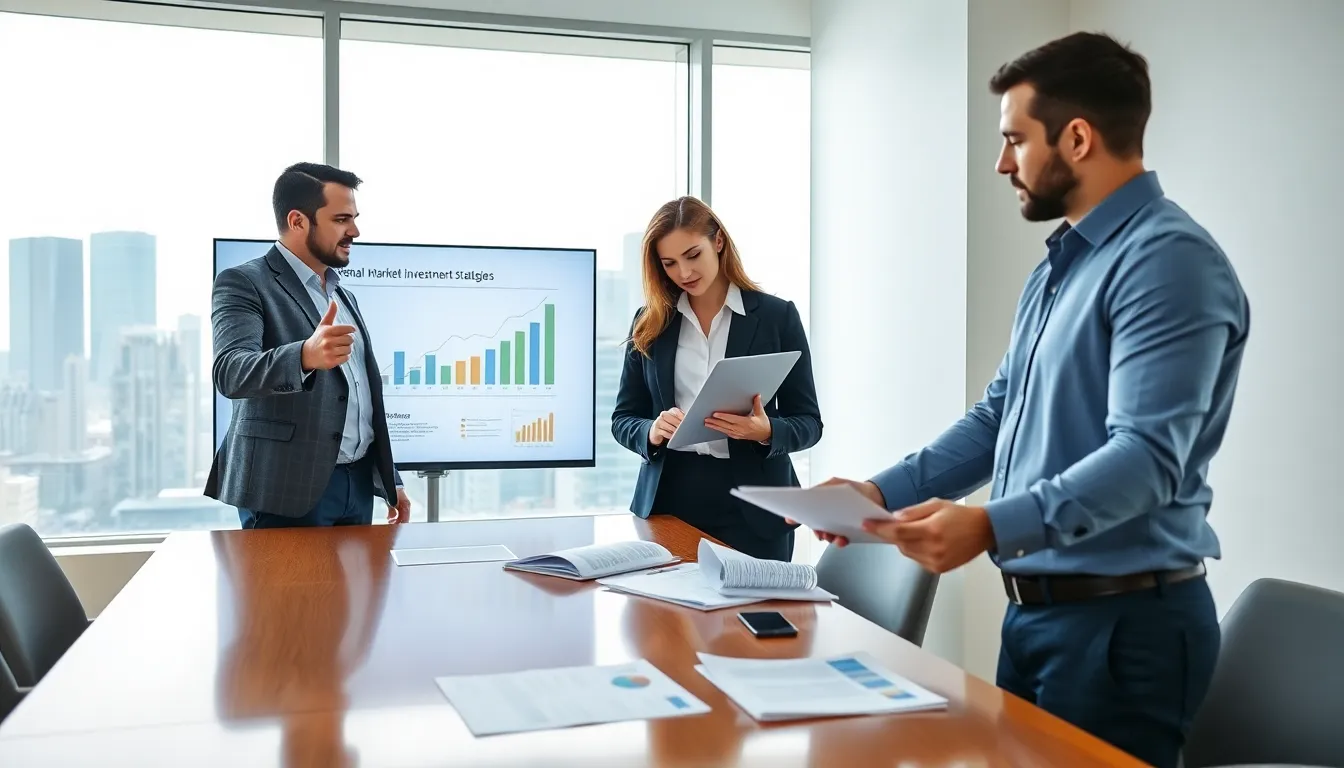 team discussing rental property investment strategies in a modern office.
