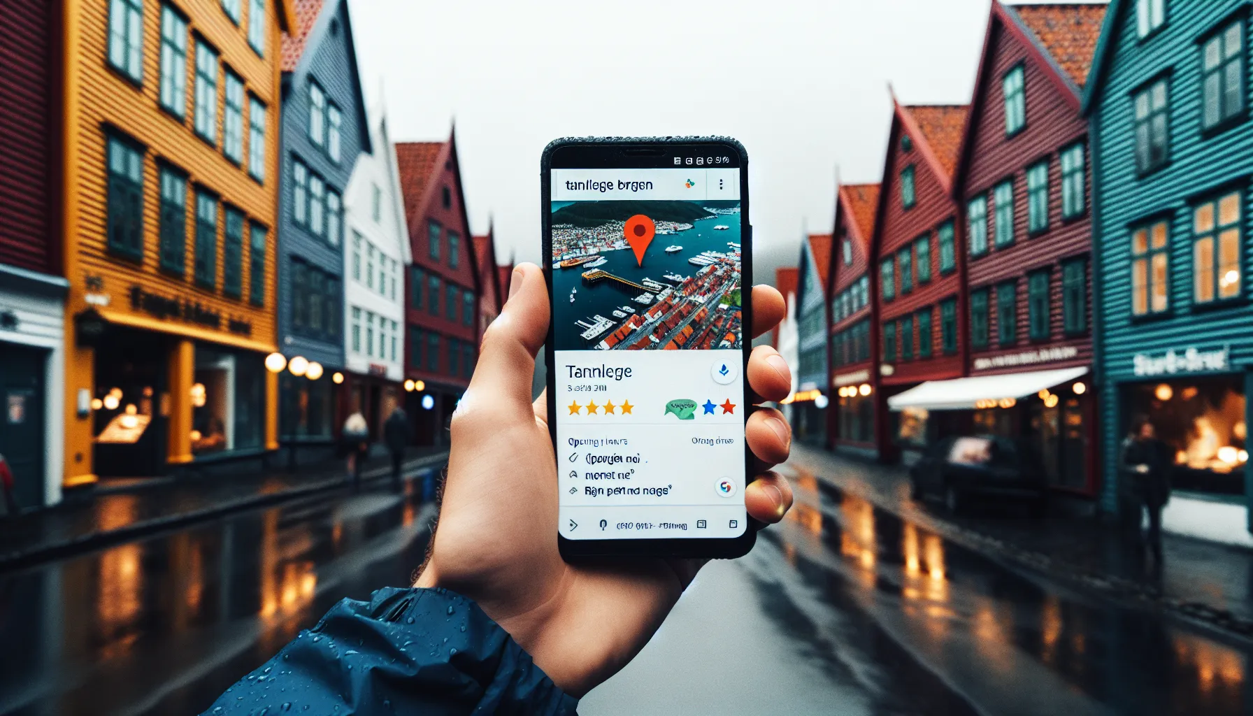 Hand holding phone showing “tannlege bergen” map pack in rainy bergen street.