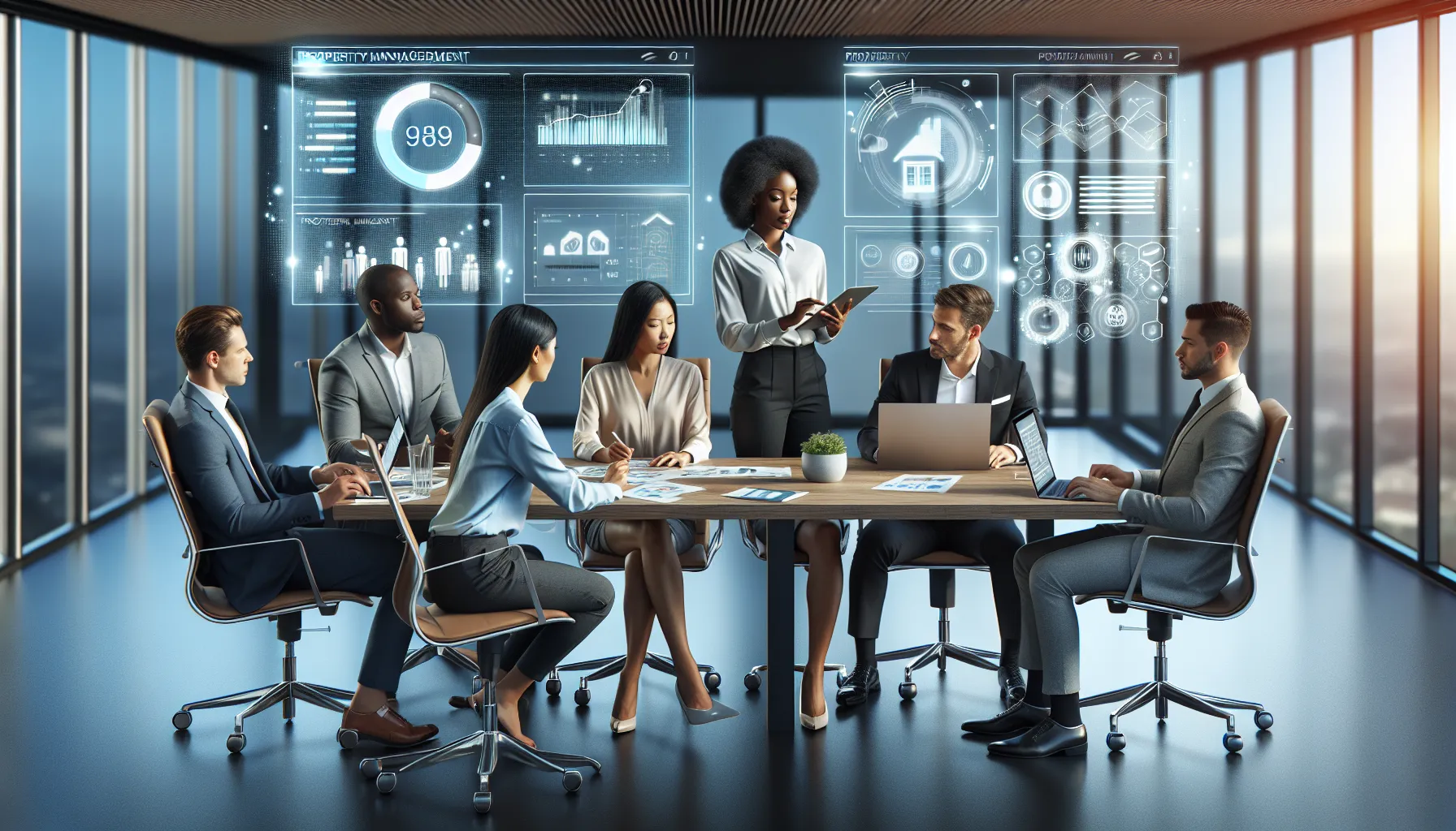diverse property management team in a modern office setting.