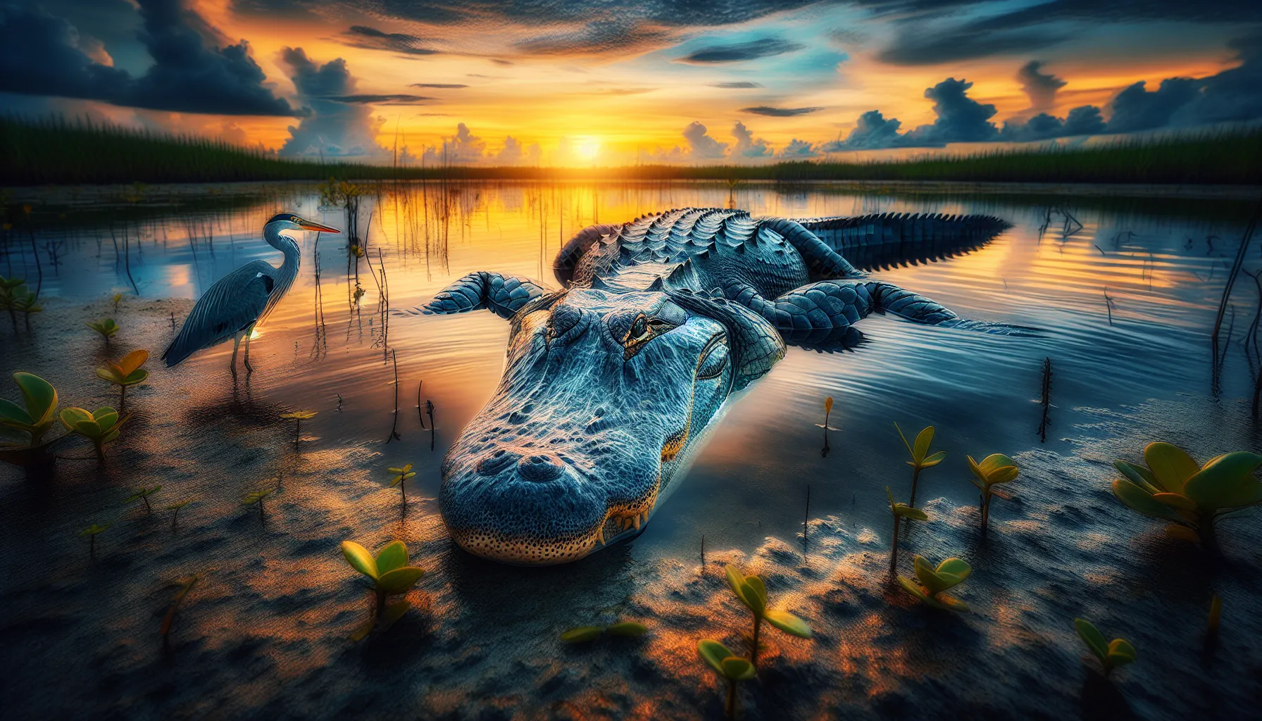an alligator lying in a wetland at sunset with a heron nearby.