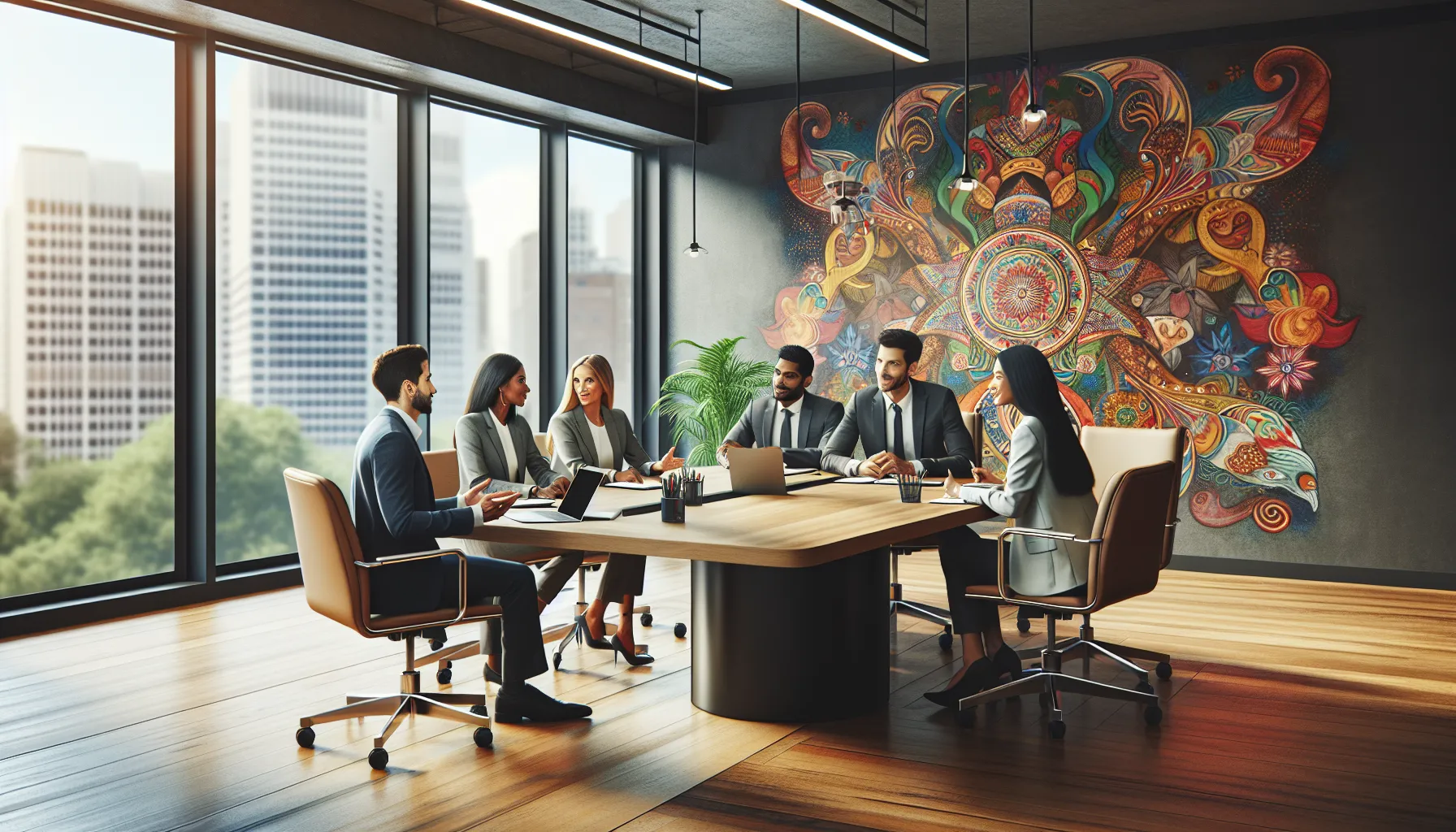 diverse team discussing Mihavarela in a modern office setting.