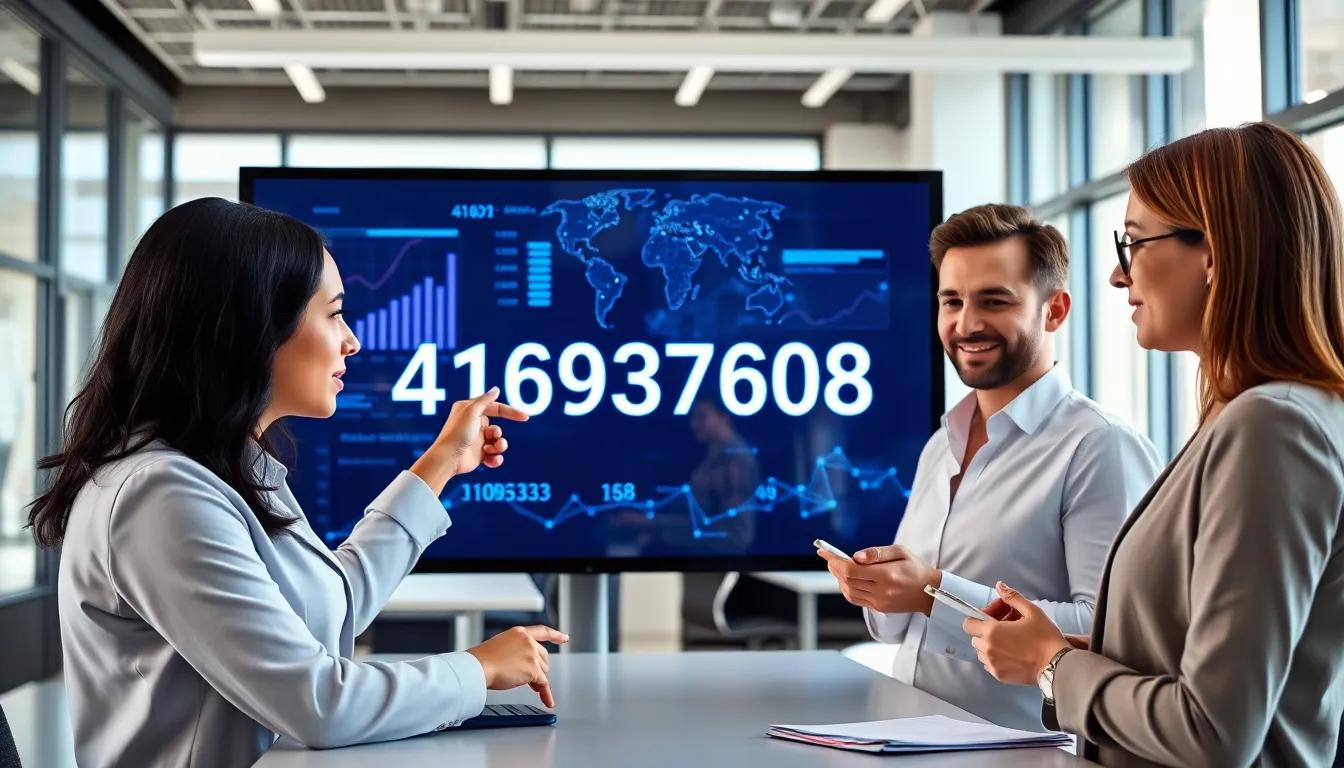 professionals discussing the significance of number 4169376408 in an office.