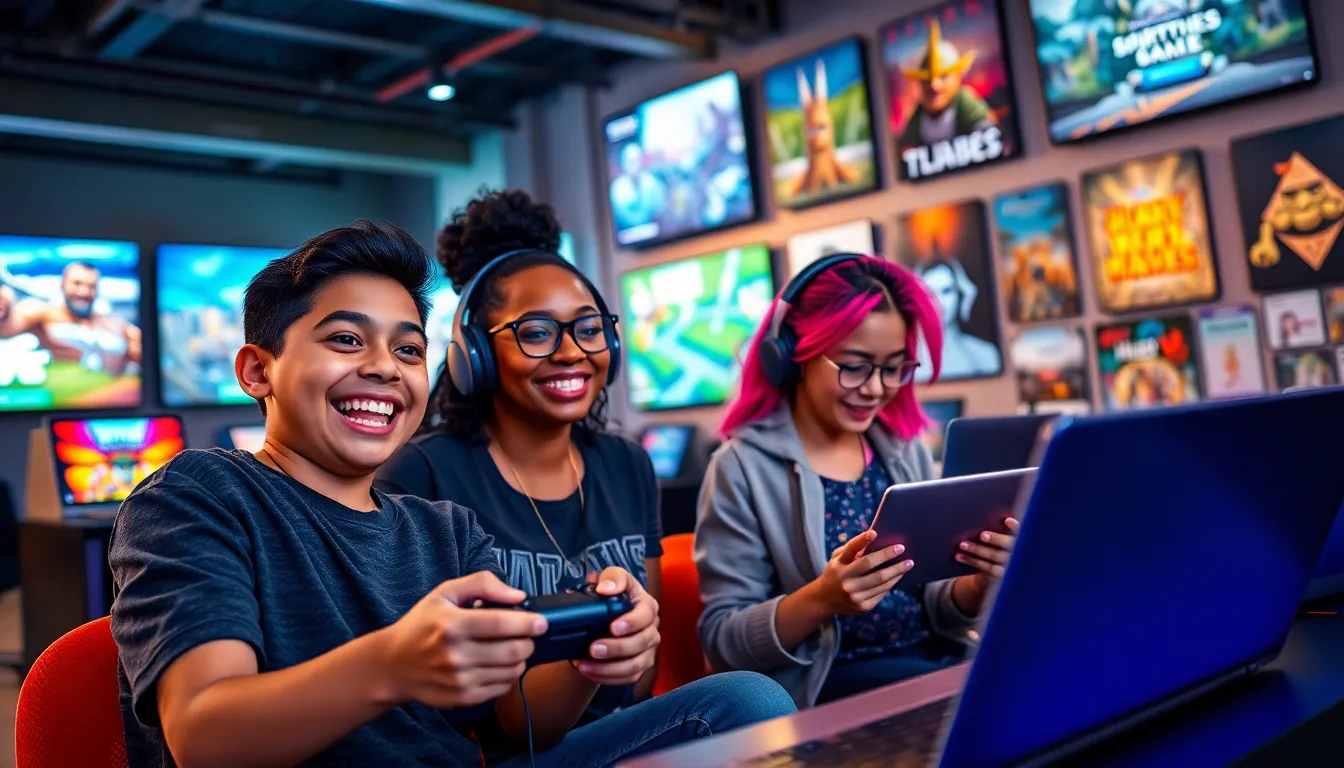 a diverse group of gamers enjoying different games in a vibrant gaming space.