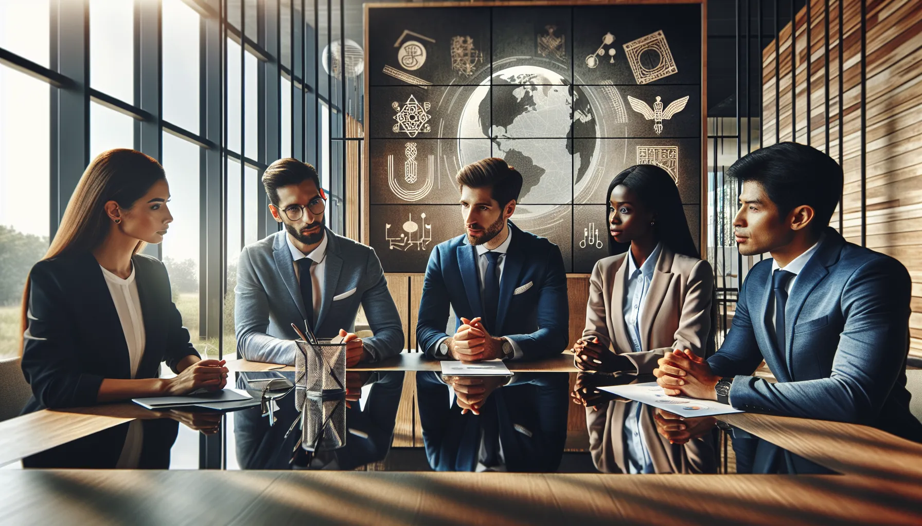 professionals discussing cultural challenges in a modern office.