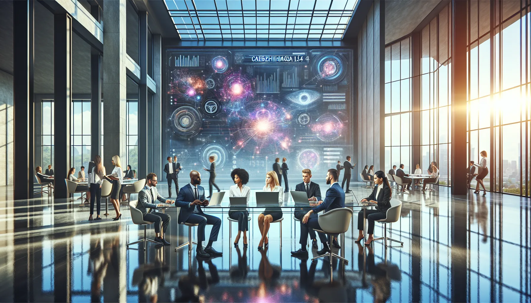 diverse professionals discussing advanced technology concepts in a bright office.