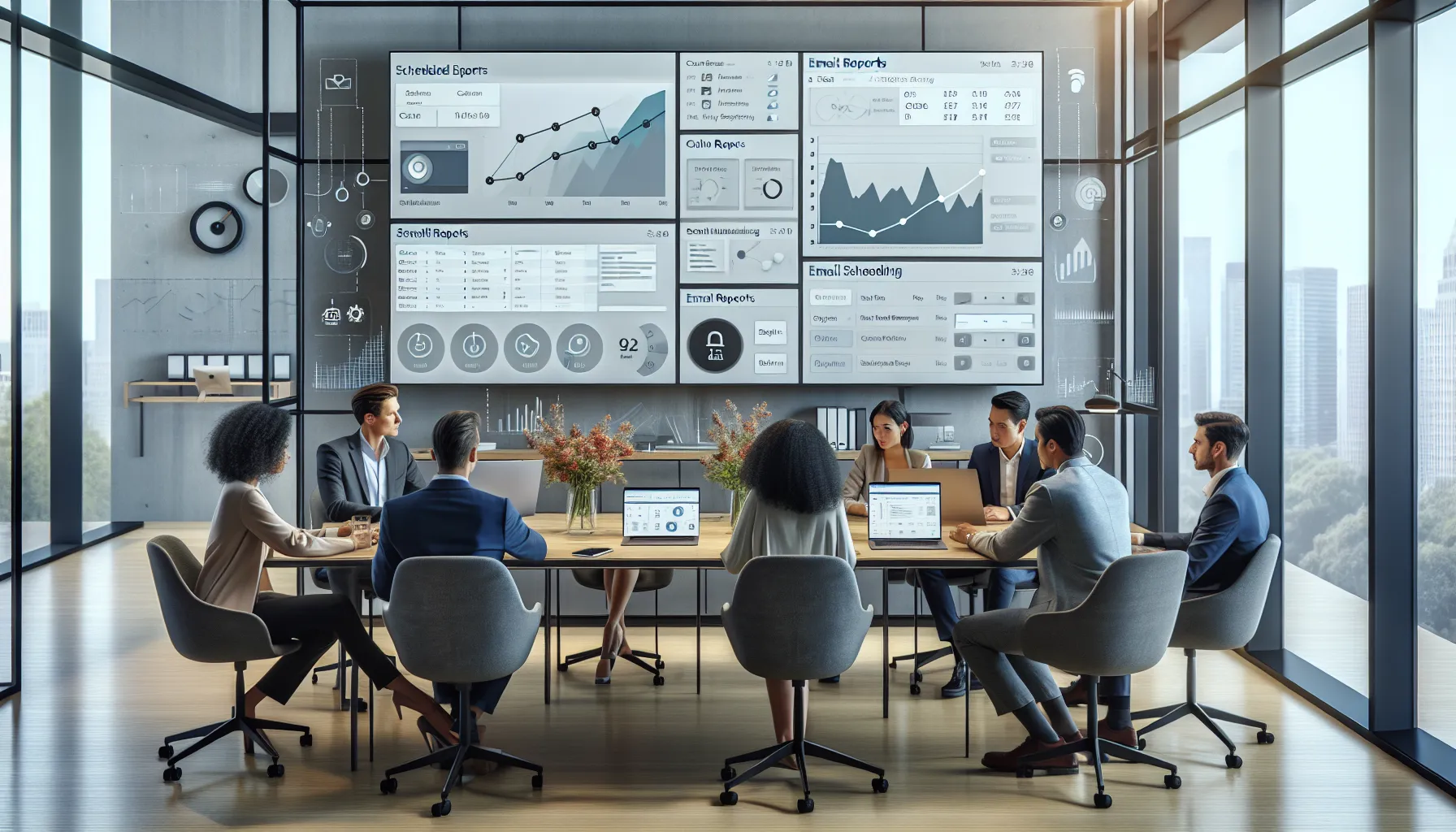 Analytics team configuring automated Tableau email reports and alerts in a modern office.