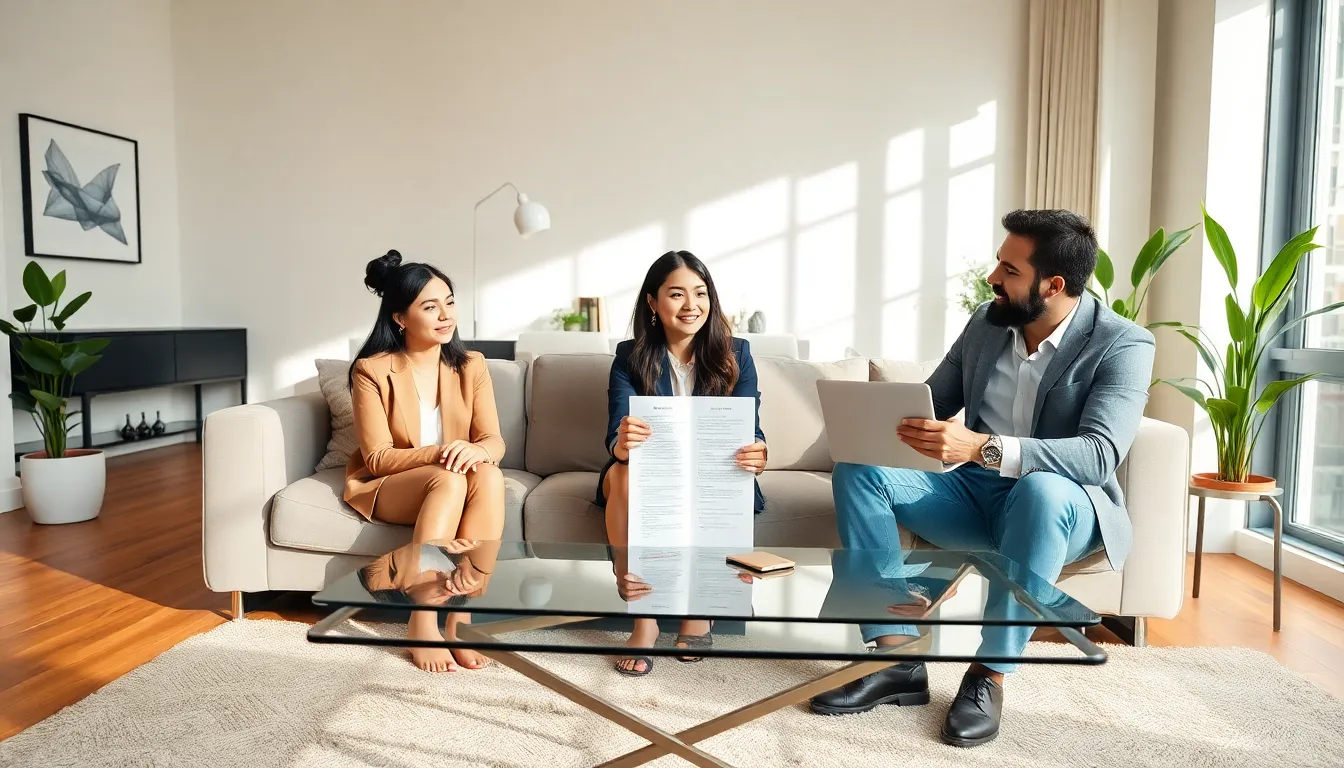 diverse group discussing rental agreements in a modern apartment.