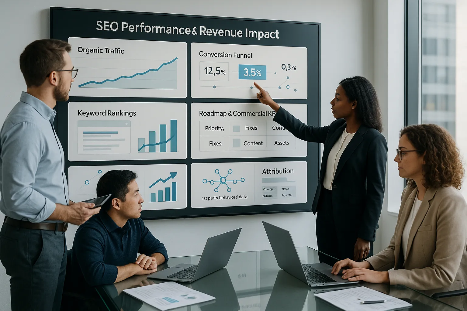 Diverse team reviewing an SEO performance dashboard in a modern office.