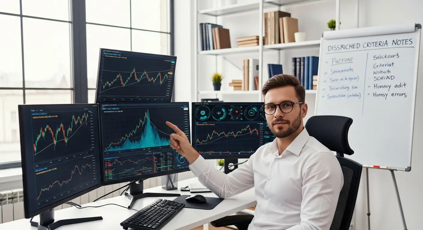 Financial analyst pointing at Bitcoin price chart in modern office.