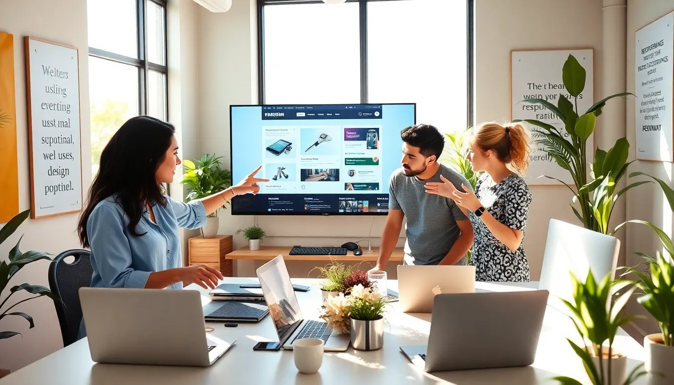 three web designers collaborating in a modern office space on website stability.