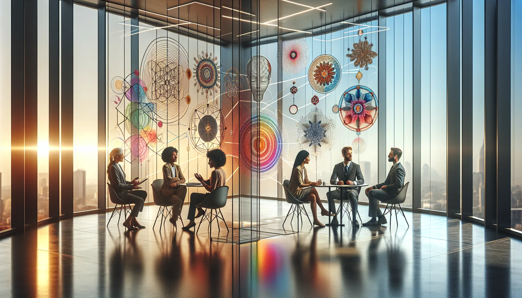 diverse professionals discussing the concept of Rasnkada in a modern office.