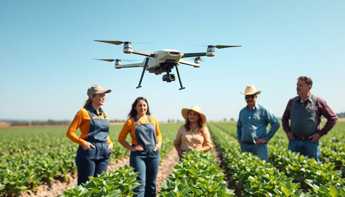 drone spraying pesticides over a diverse group's crops in a field.