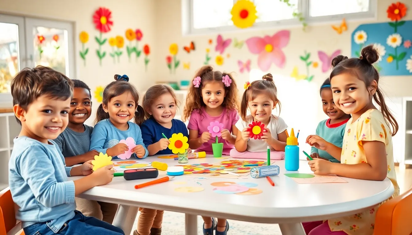 preschoolers crafting in a vibrant, spring-themed classroom.