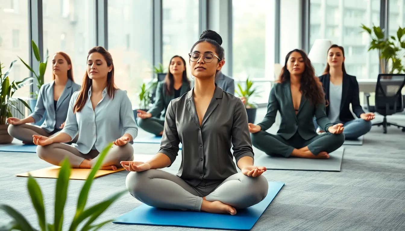diverse professionals meditating in a modern office setting.