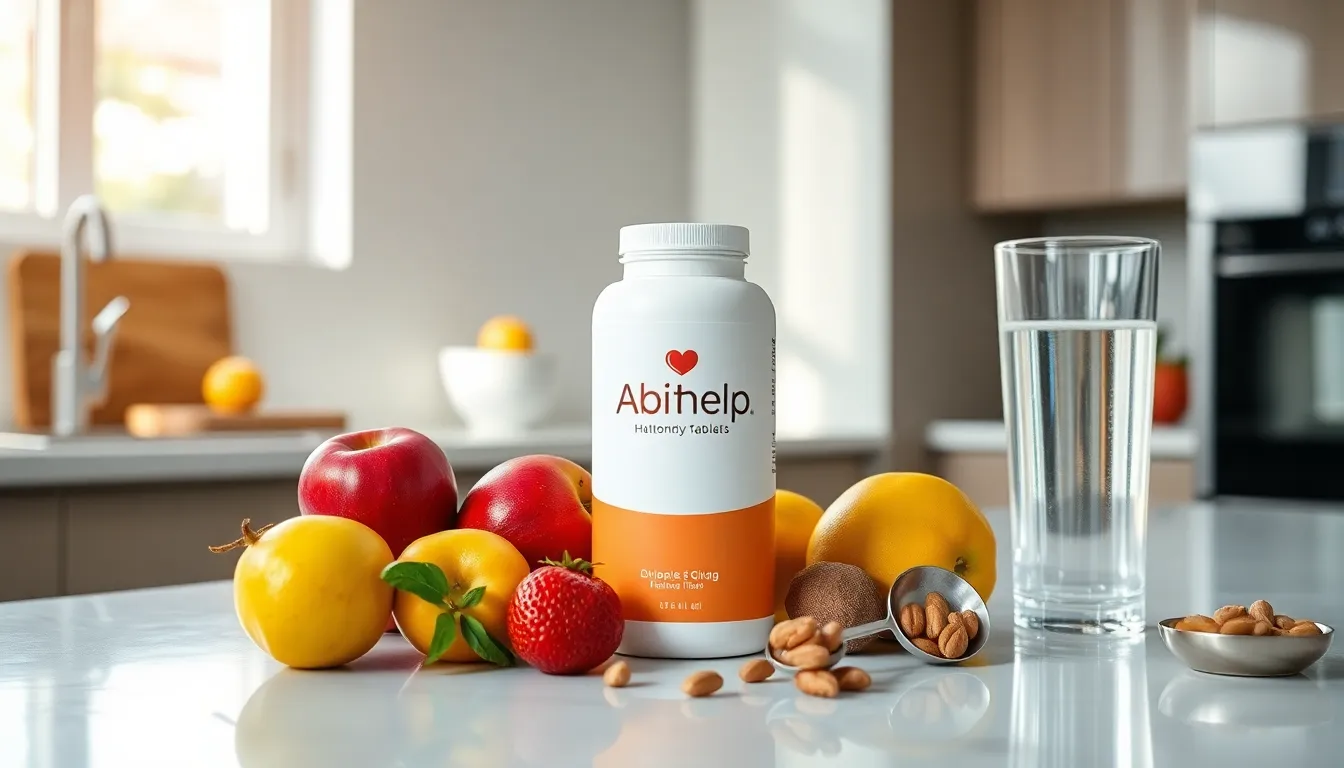 Abithelp tablet bottle on a modern kitchen countertop with healthy items.