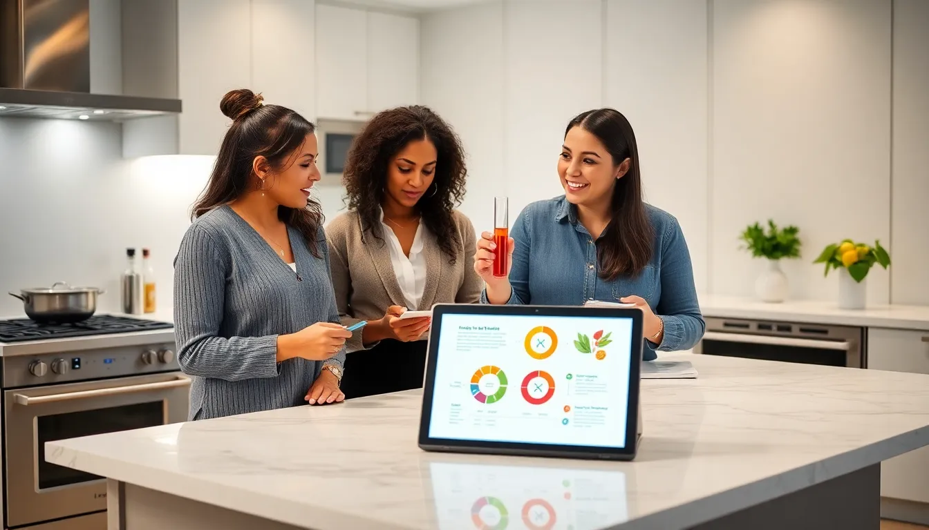 diverse professionals discussing food technology in a modern kitchen.
