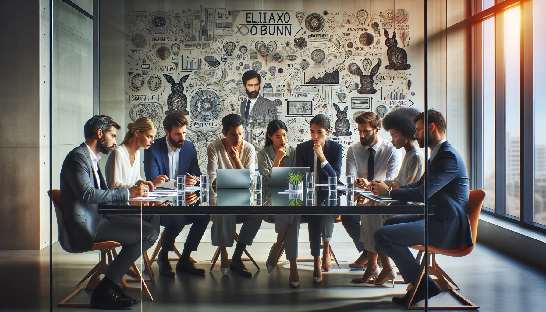 diverse team collaborating on challenges of Eliaxoxobunn in a modern office.