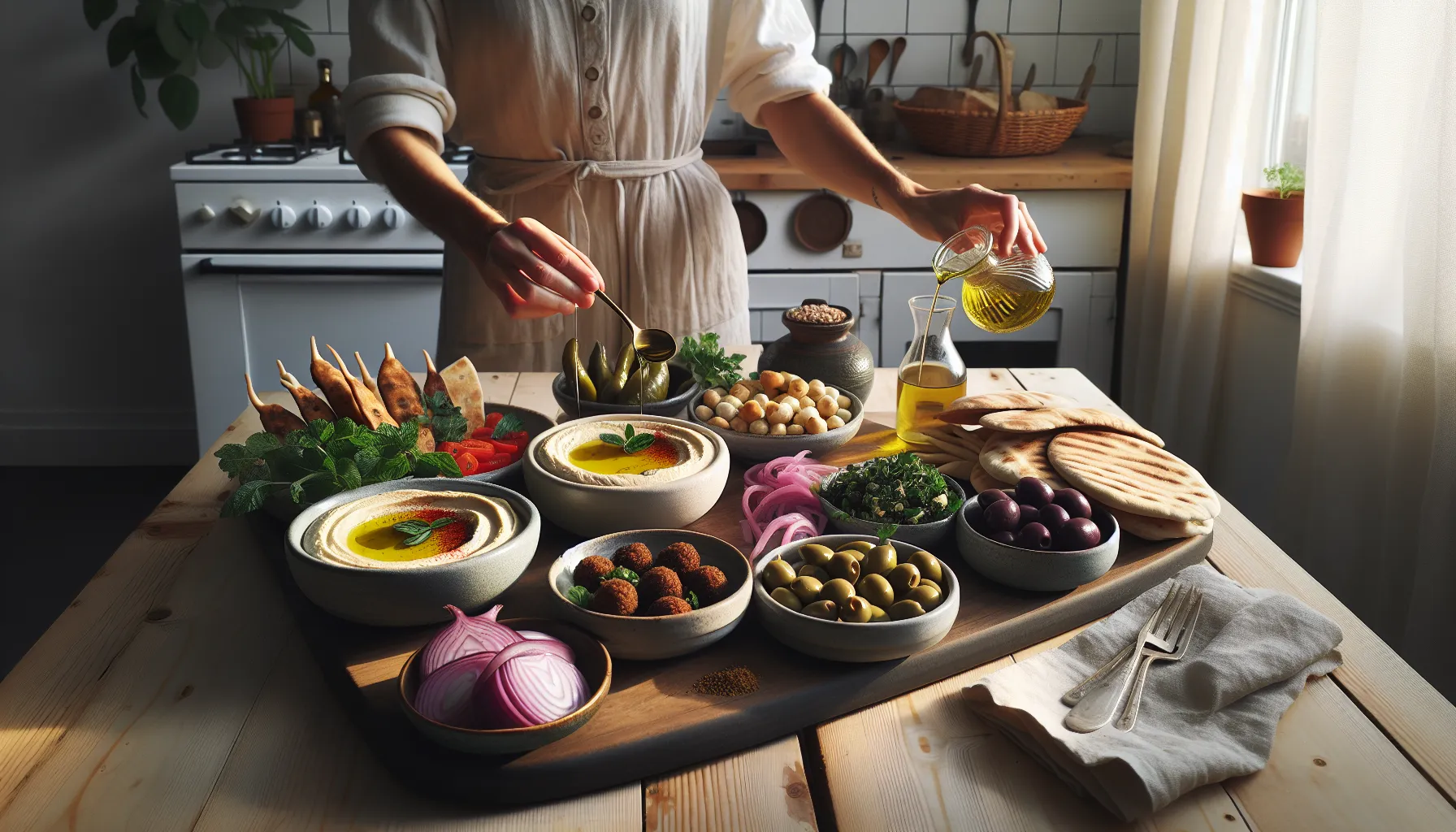 Norwegian table with abundant middle eastern meze and olive oil drizzle.