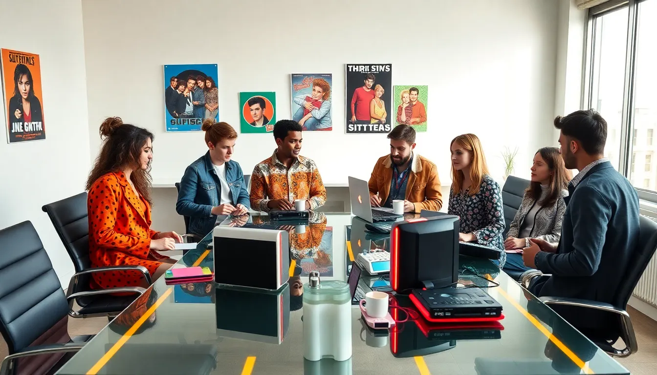 Diverse team in a vibrant office representing 1990s pop culture.