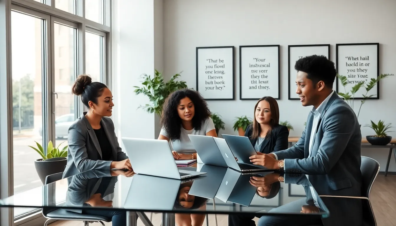 diverse team discussing inspirational quotes in a modern office.